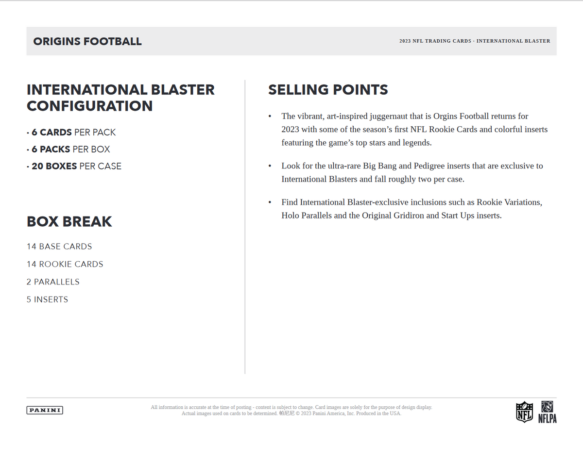 2023 Panini Origins Football International Blaster Box