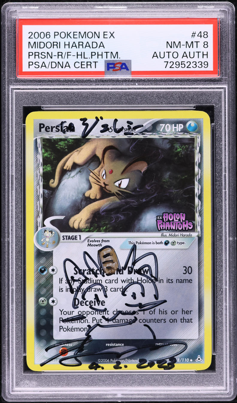 2006 POKEMON EX HOLON PHANTOMS REVERSE HOLO PERSIAN #48 HARADA AUTO AUTH PSA 8